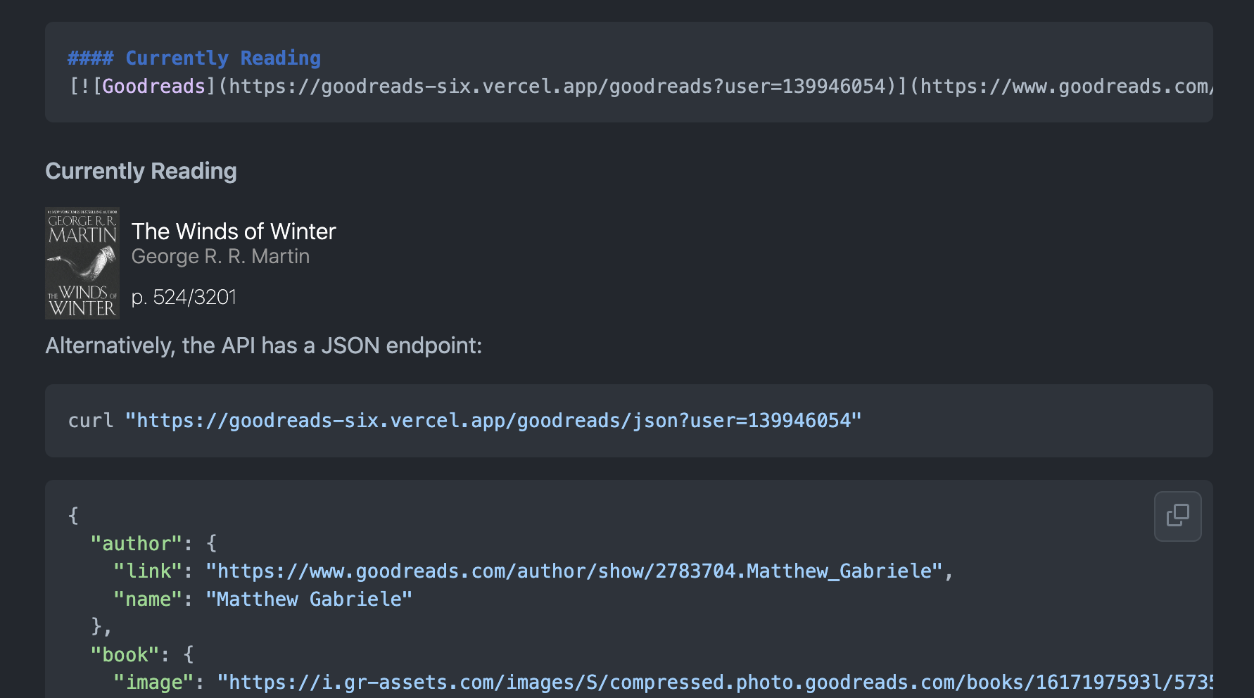 Goodreads Currently Reading API